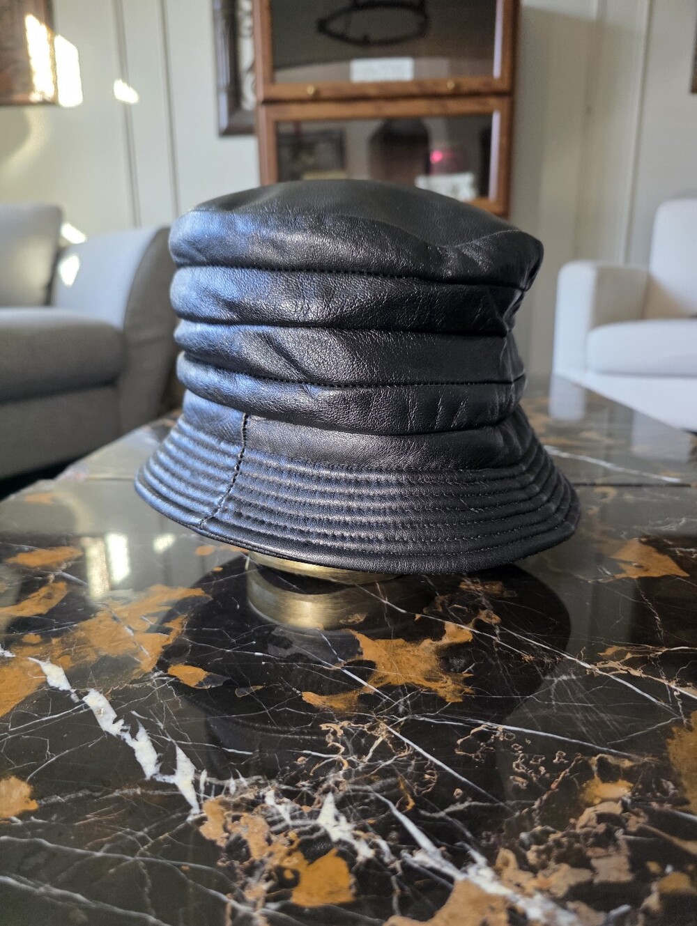Vtg Henschel Lambskin Leather Fisherman Bucket Hat Black Sz L Made in USA 80s